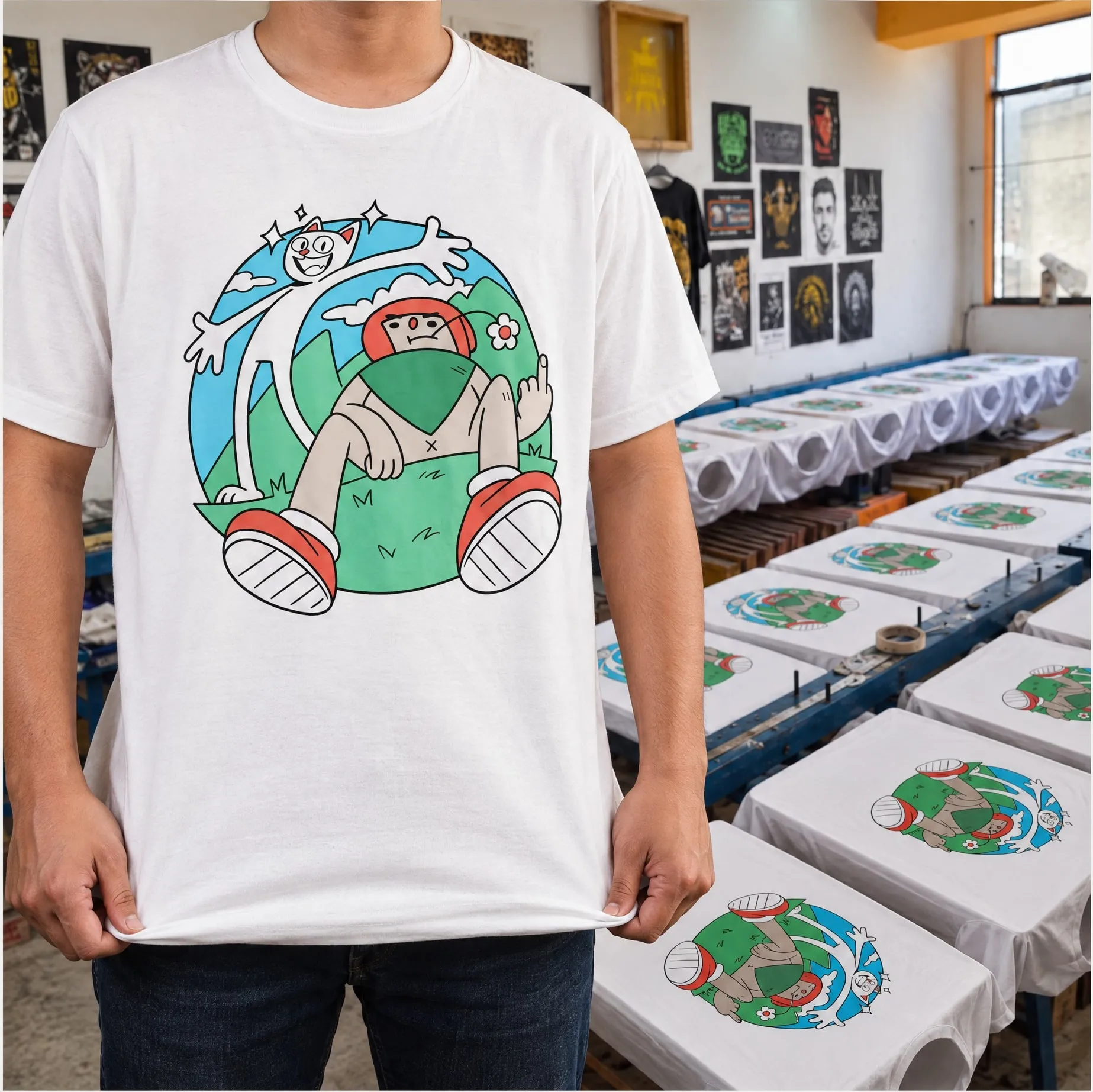 Creador con su polera estampada en un taller de serigrafía, con más poleras en producción