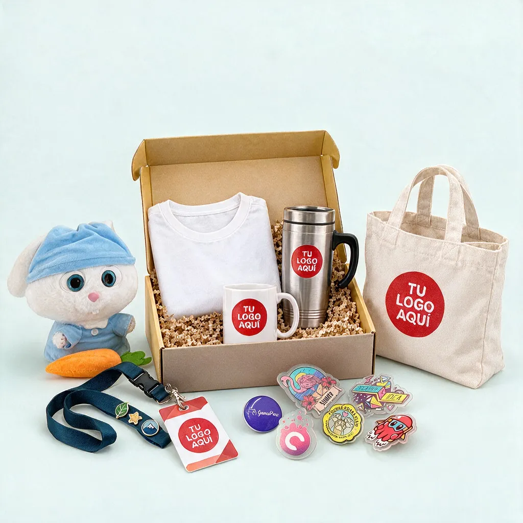 Kit de merch corporativo: polo, taza, tomatodo, bolsa, peluche, credencial y pines con logo