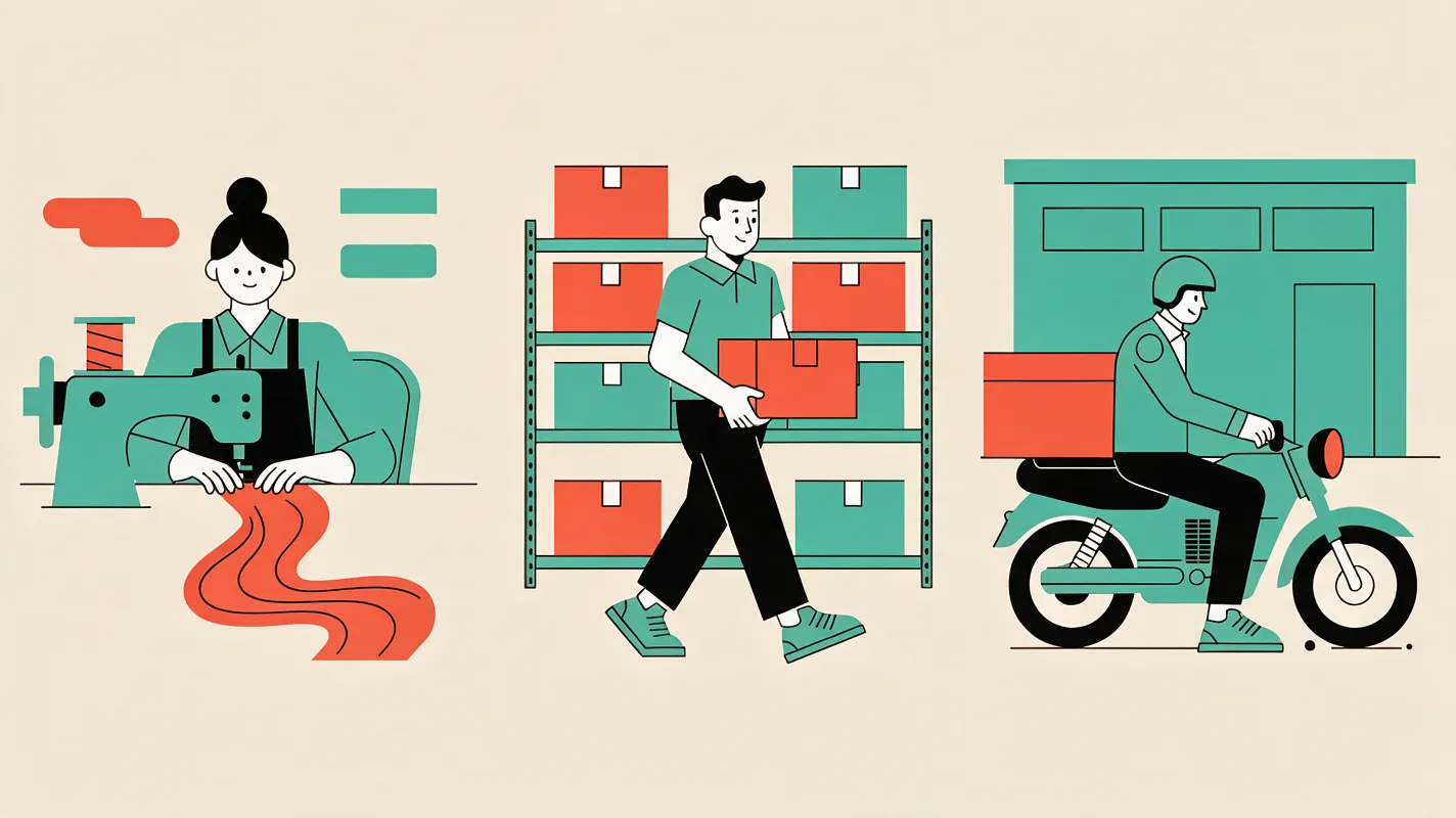 Ilustración de nuestro proceso: producción en taller, almacén con estanterías y reparto en moto
